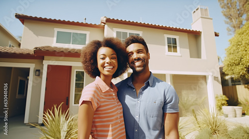 Happy young couple standing in front of new home - Husband and wife buying new house - Life style real estate concept