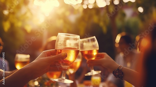 a group of friends having dinner and drinks outside. Vacation with friends. Fun, celebration. Summer time