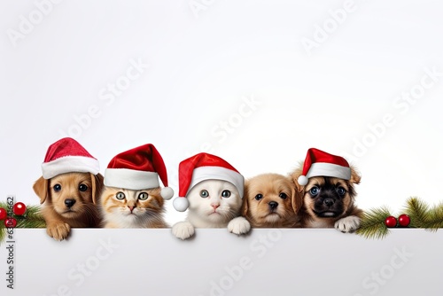 Cats and dogs in red Christmas hats peek behind a white banner with fir decorations on a white background. Christmas poster mockup with kittens and puppies. Empty space for product placement or text. © OleksandrZastrozhnov