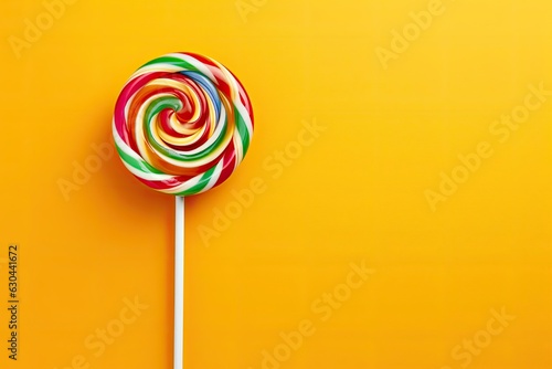 New Year swirling colorful lollipop on a bright orange background. Christmas promotional banner mockup with blank space for text. Empty space for product placement.