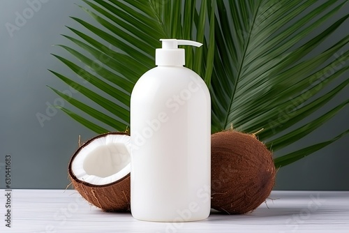 White cosmetic bottle of shampoo, soap or shower gel with a dispenser on the background of a broken coconut and tropical palm leaves.