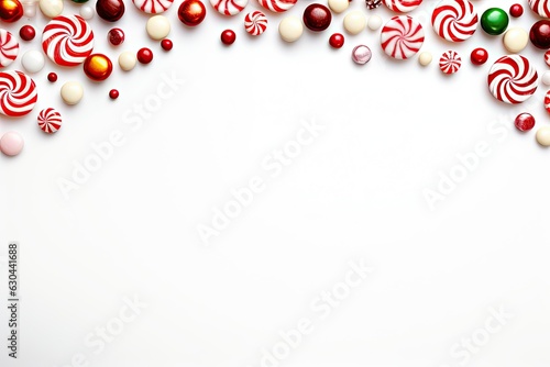 Bright multi-colored New Year's candies and white and red candies on a white background with empty space for text. Empty space for product placement.