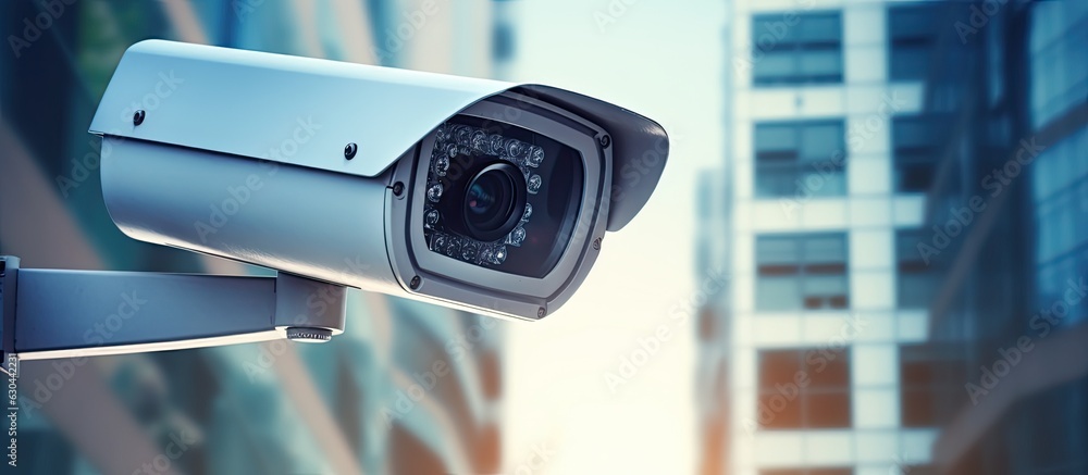 Background with copy space showing a close-up view of a CCTV camera with a defocused background. Background with copy space showing a close-up view of a CCTV camera with a defocused background.