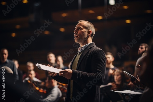 Opera singer rehearsing in the theater with orchestra members in the background, fine-tuning their performance for a show