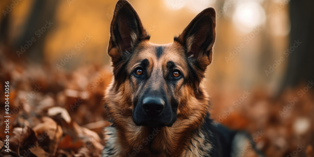German Shepherd Dog in leaf fall in the autumn forest. Sheepdog portrait outdoor German Shepherd Dog in leaf fall in the autumn forest. Sheepdog portrait outdoor