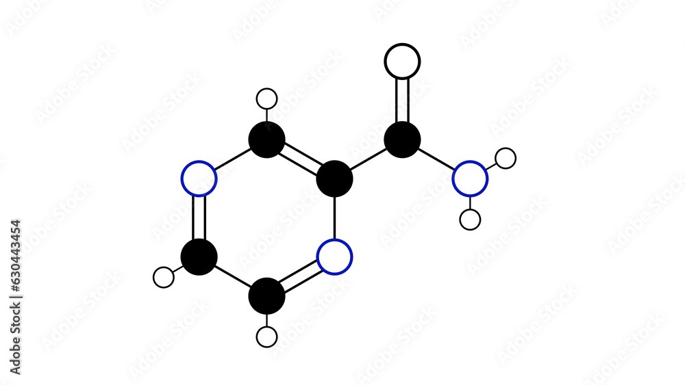 pyrazinamide molecule, structural chemical formula, ball-and-stick model, isolated image antituberculosis agents pyrazinamide molecule, structural chemical formula, ball-and-stick model, isolated image antituberculosis agents