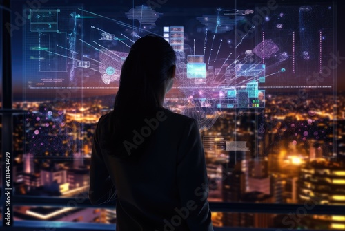 Woman working of data analytics statistics and cybersecurity research, Computer and IT algorithm, Generative Ai