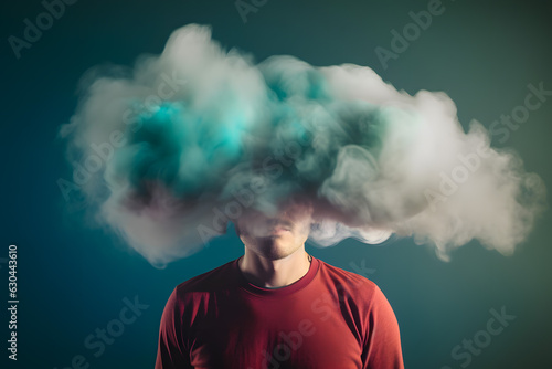 Man with a clouded mind, his head in white glamorous stylish minimalism cloud of smoke. Drunk blurred brain thinking, unhealthy, drunk, woozy. Generative AI.
