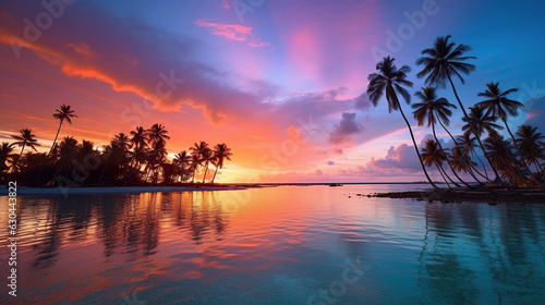 palm trees at sunset in a maldives beach from behind, in the style of light turquoise and violet, romantic riverscapes, aerial photography, light crimson and orange, serene oceanic vistas