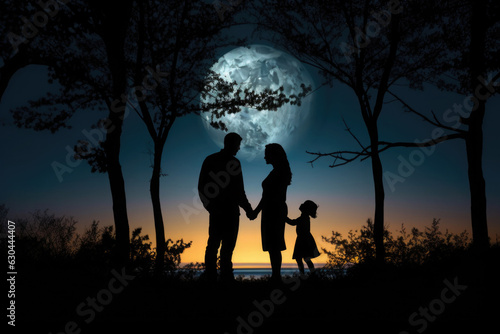 Silhouettes of happy family in moonlight. Man, woman and their children are walking through the night landscape. Happy family life
