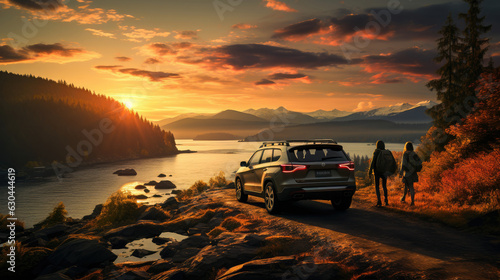 Friends finally arriving at their destination after a long road trip, with a stunning landscape or cityscape in the background during sunset