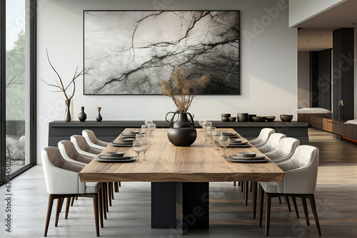 Wooden dining table in modern living room photo
