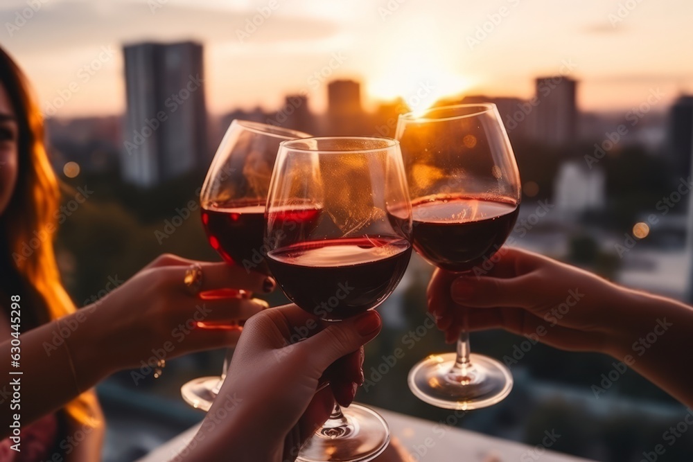 Group of young people hands toasting red wine at party. Generative AI