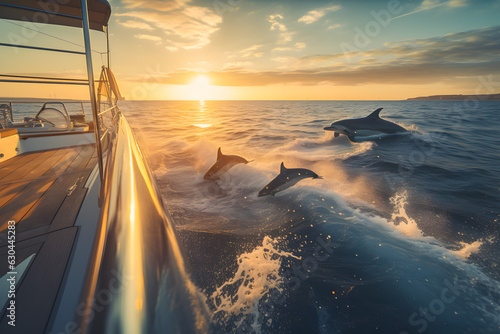 Flock of dolphins jumping out of the sea at sunset in the sky, a view from the deck of a yacht sea voyage. Generative AI