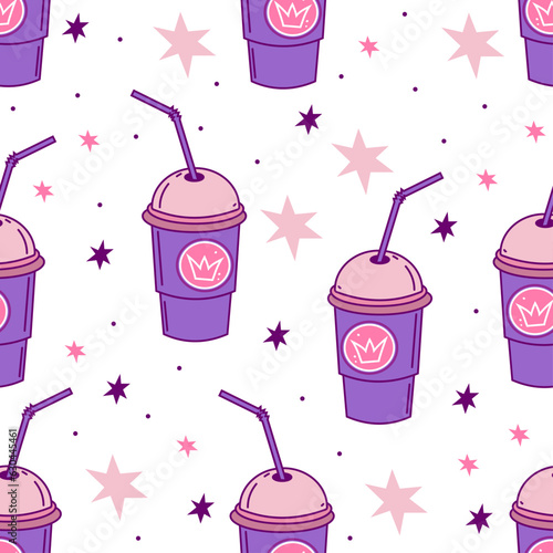 Fizzy drinks smoothie cup with straw takeaway vector pattern in style of Barbie
