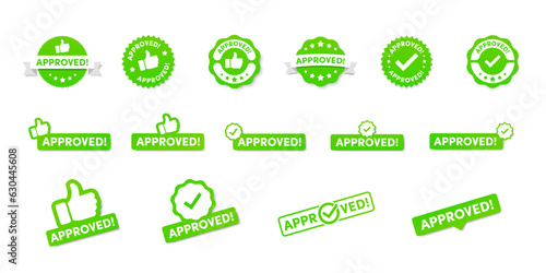 Green approved badge icons, approved icons set