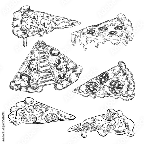 Set of sketches of italian pizza slices. Italian fast food. Pizza pepperoni, salami, mushroom. Illustration for menu. Engraved style.