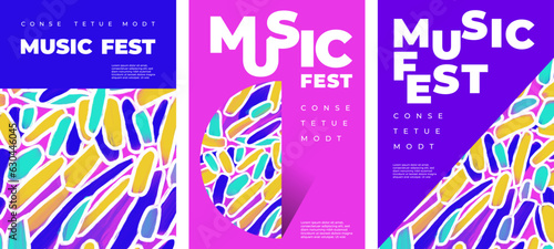 Set of modern music fest poster template with brush strokes, paint stains, geometric shapes, typography. Hand drawn abstract pattern. Freehand design elements. Minimalist style placard, banner, blank