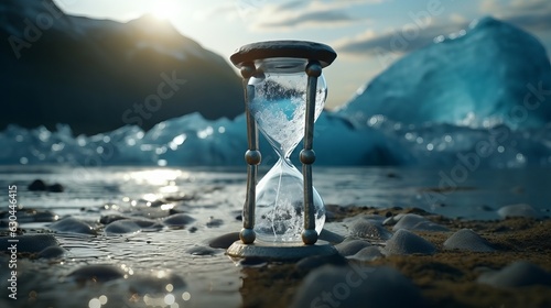 Iceberg glacier melting in a glass clock with a drop and a desert. Global warming. Drying up rivers and lakes, concept. Save the planet. Disappearance of water. Time and the end of life, generative ai