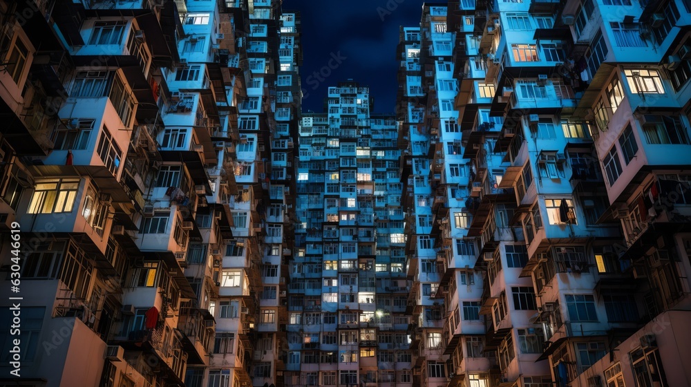 Obraz premium Overcrowded residential towers in a housing estate in Quarry Bay, Hong Kong. Crowded narrow apartments in a community in HK, generative ai