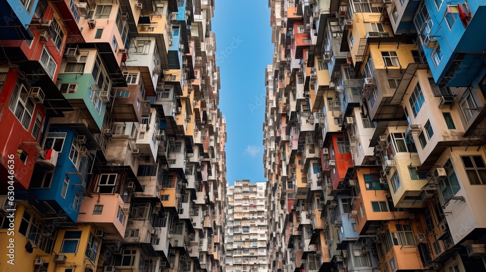 Overcrowded residential towers in a housing estate in Quarry Bay, Hong Kong. Crowded narrow apartments in a community in HK, generative ai - obrazy, fototapety, plakaty 