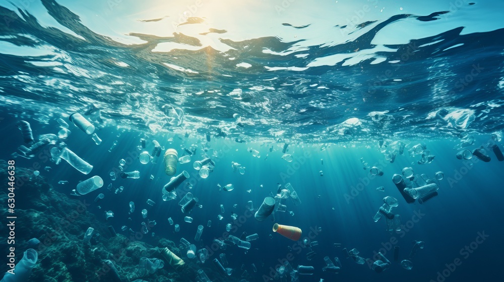 Plastic water bottles pollution in ocean (Environment concept) generative ai