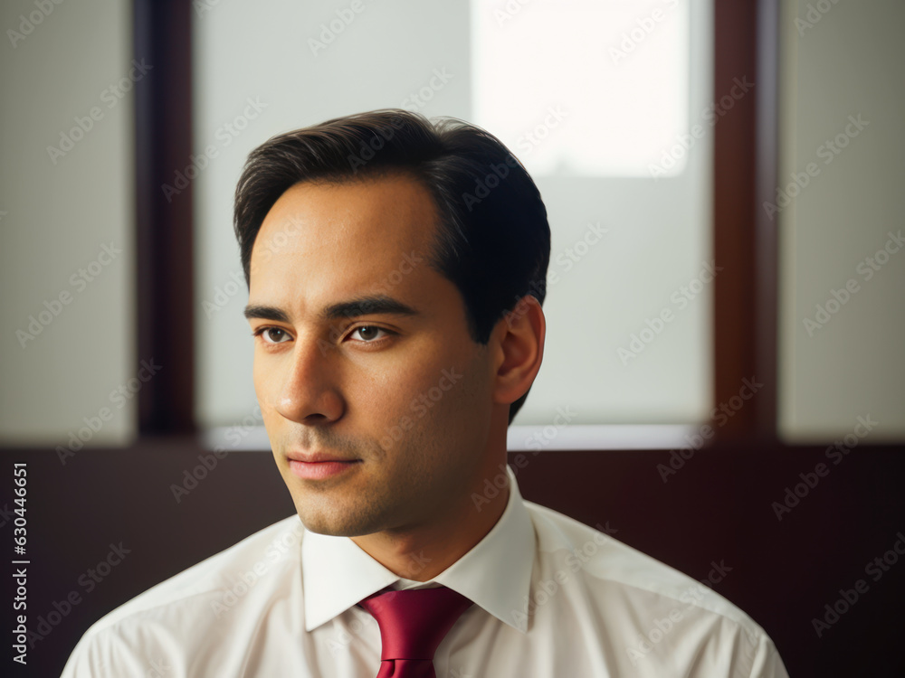 Studio digital portrait of a positive male model in white shirt, red tie, strict business suit, austere look on background in office. Mental health concept. Studio digital portrait of a positive male model in white shirt, red tie, strict business suit, austere look on background in office. Mental health concept.