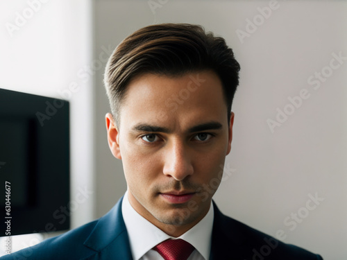 Studio digital portrait of a positive male model in white shirt, red tie, strict business suit, austere look on background in office. Mental health concept.  © mikhailberkut
