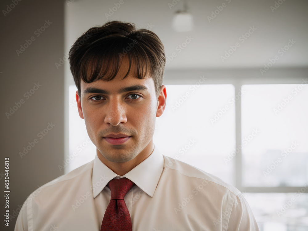 Studio digital portrait of a positive male model in white shirt, red tie, strict business suit, austere look on background in office. Mental health concept. Studio digital portrait of a positive male model in white shirt, red tie, strict business suit, austere look on background in office. Mental health concept.