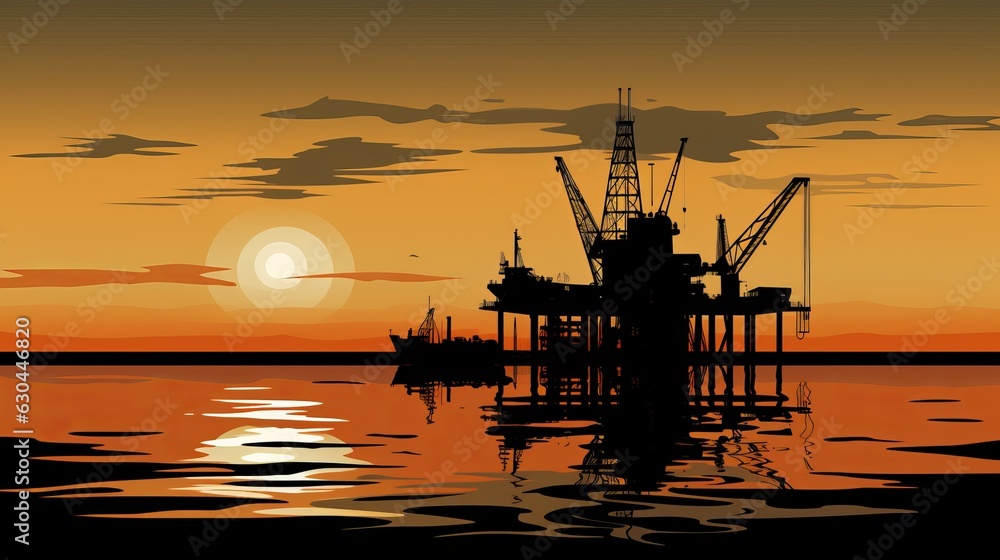Silhouette of offshore oil drilling rig generative ai