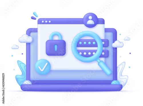 3D Computer and Protect Personal Data. Cyber security concept. Padlock and password icons. User authorization,