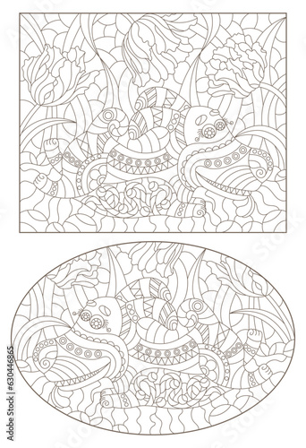 A set of contour illustrations in the style of stained glass with an abstract cartoon dog, dark contours on a white background