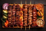 Various delicious grilled meat top view
