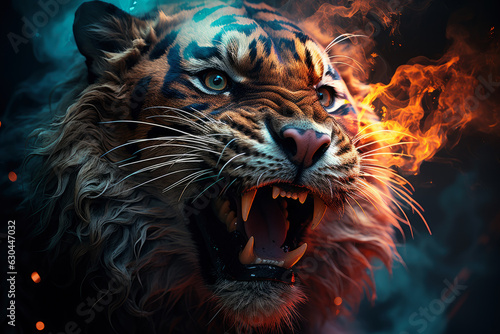 Aggressive mystical angry tiger on a dark background with smoke and fire