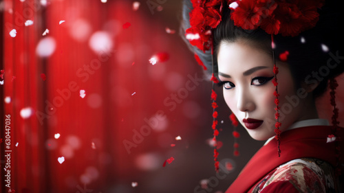 Japanese geisha woman in red dress. Japan exotic travel and traditional culture