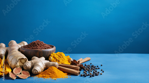 Turmeric and other herbal medicinal substances on a blue background, in the style of vibrant academia,Spices background, with blank space for writing 