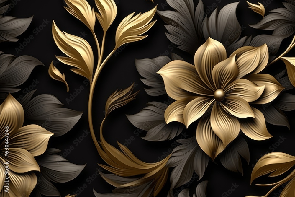 Black and Golden Luxury Elegant Seamless Pattern Exotic Oriental Floral with Leaves in 3D Design Illustration Background. 3D Abstraction Wallpaper for Interior Mural Home Wall art Decor, Generative AI
