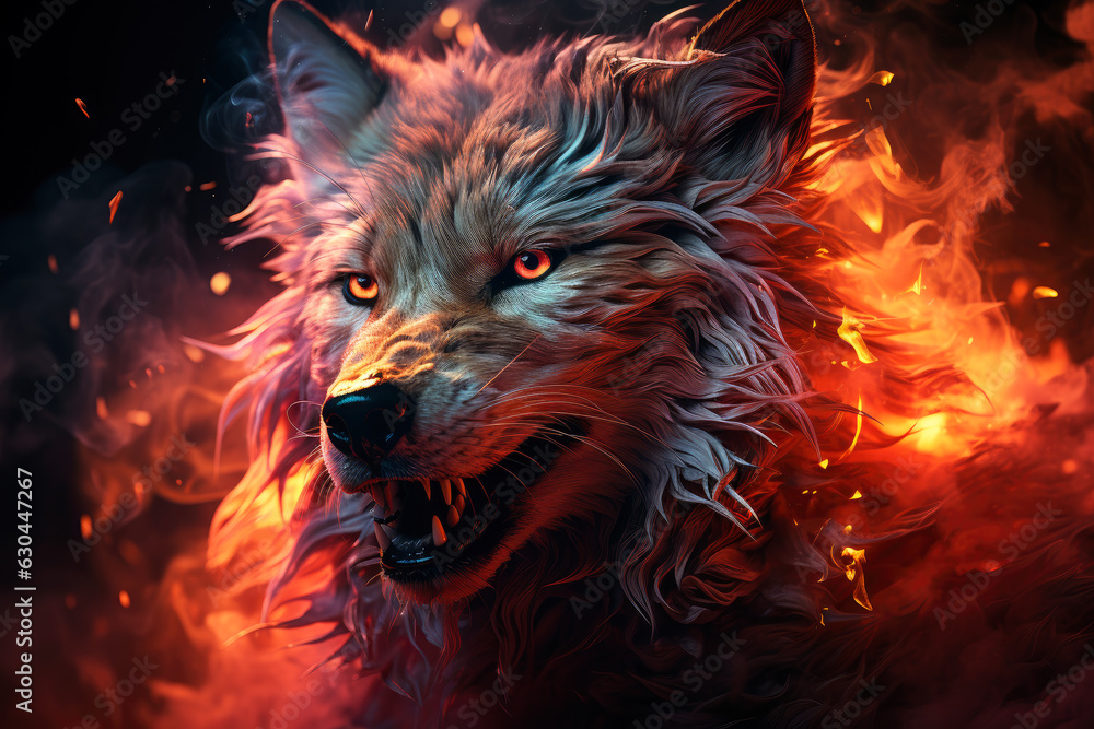 Aggressive mystical angry wolf on a dark background with smoke and fire Aggressive mystical angry wolf on a dark background with smoke and fire