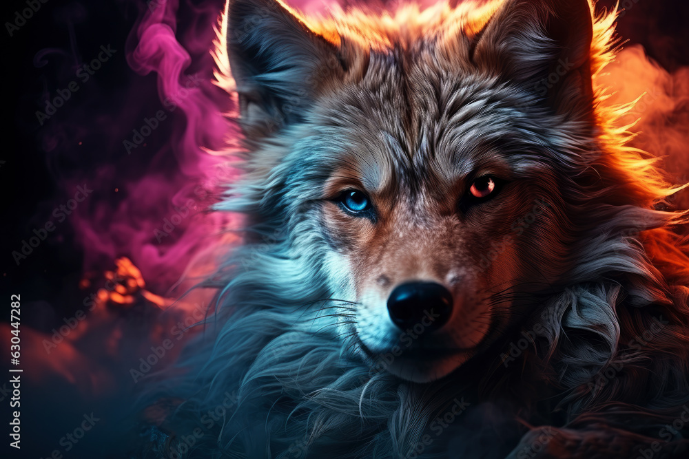 Naklejka premium Aggressive mystical angry wolf on a dark background with smoke and fire