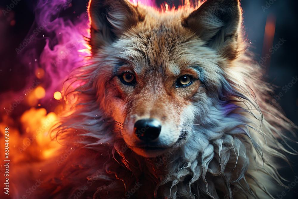 Fototapeta premium Aggressive mystical angry wolf on a dark background with smoke and fire