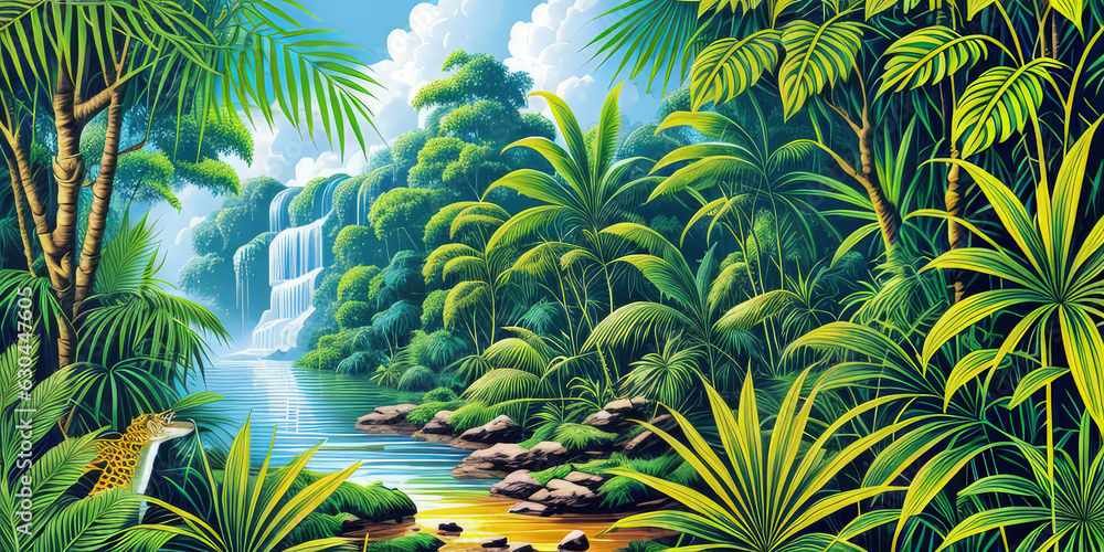 Landscape Illustration Island Fantasy 3D Realistic Jungle Environment With Waterfall Landscape Illustration Island Fantasy 3D Realistic Jungle Environment With Waterfall