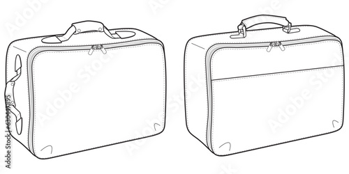 Set of Baggage bag flat sketch fashion illustration drawing template mock up, Luggage bag cad drawing. Suitcase and briefcase bag flat sketch vector