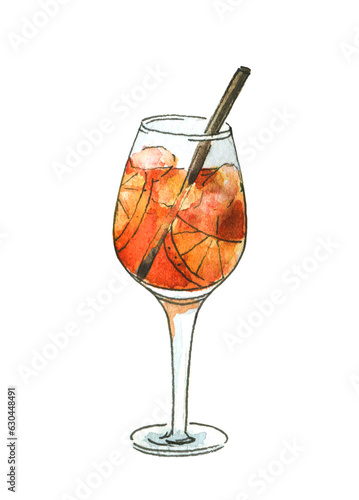 Aperol spritz cocktail. Aperol beverage watercolor illustration. Bar, alcohol 