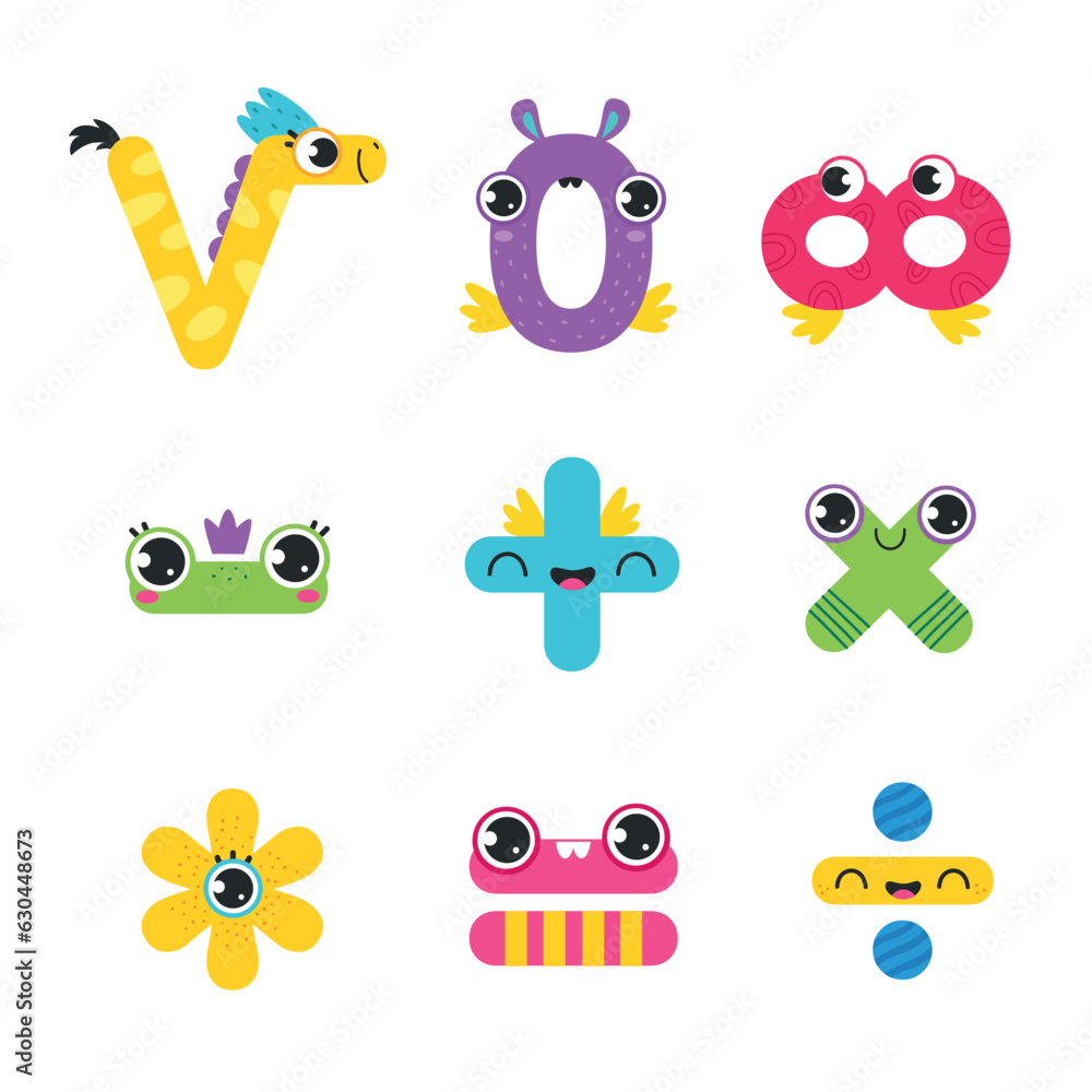 Funny Mathematical Operation Signs with Eyes Vector Set