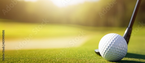 golf ball positioned behind a driver at a driving range, with lots of blank space and a blurry background.