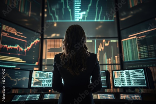Professional female banker stood in the middle of the room Looking at stock market chart prices , highly sophisticated screens showing complex AI financial hedging solutions, Generative Ai