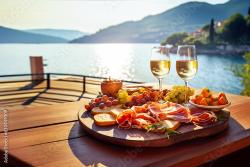 Fototapeta Italian appetizer prosciutto antipasti and and wine on a wooden terrace overlooking mountain lake