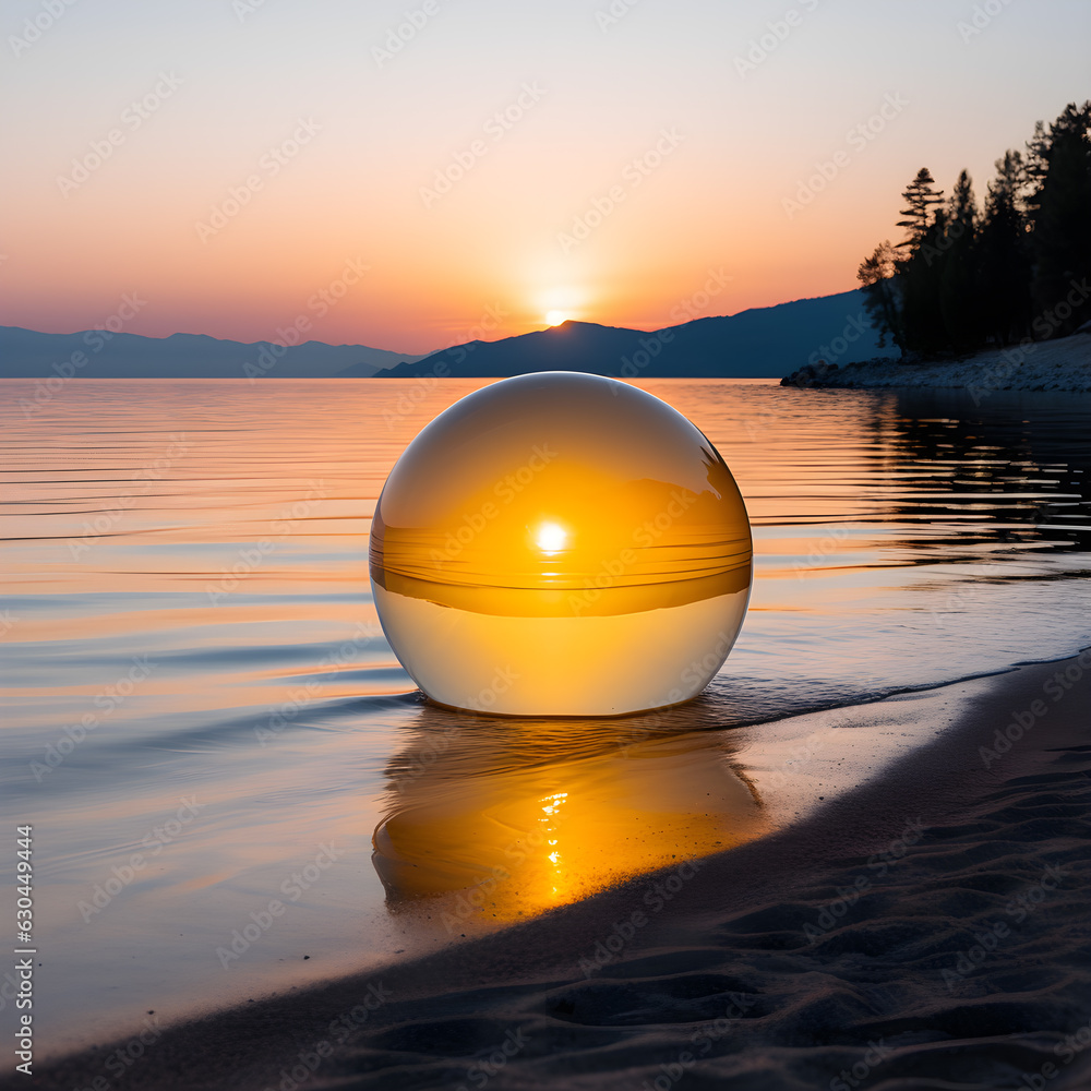 A lensball stands in the water on the beach during sunrise