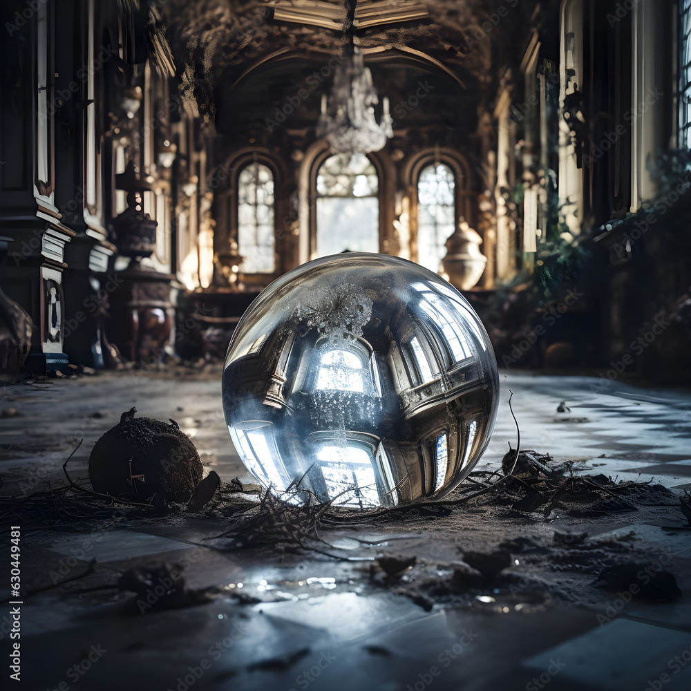 A glass ball lies in a big old abandoned lost place room