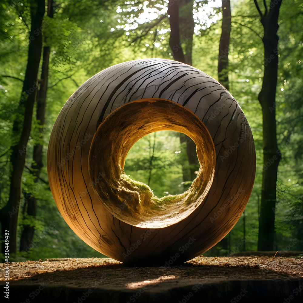 A wooden ball sculpture with a large hole in the middle